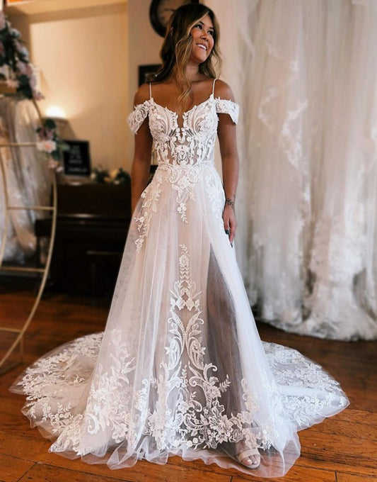 A-line Off the Shoulder Wedding Dresses with Appliques And Slit