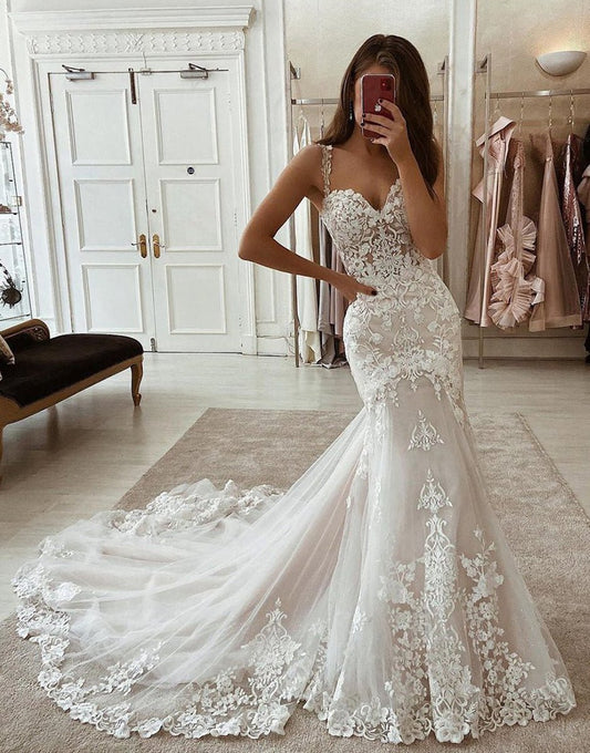Mermaid Sweetheart Spaghetti Straps Wedding Dresses with Appliques