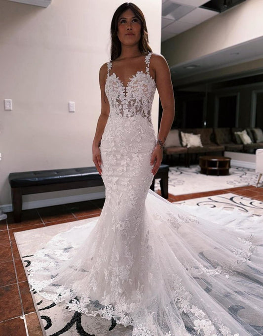 Mermaid Spaghetti Straps Backless Sweep Train Wedding Dresses