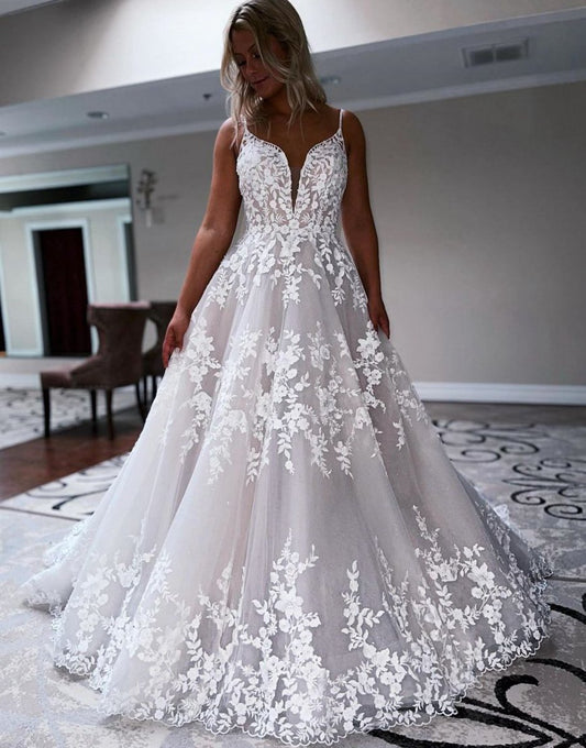 A-line Sweep Train Deep V-Neck Wedding Dresses with Appliques