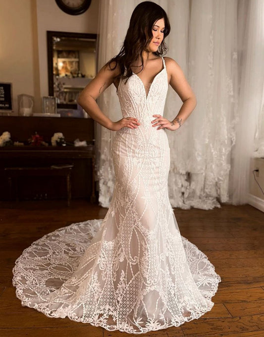 Mermaid V-Neck Spaghetti Straps Sweep Train Lace Wedding Dresses