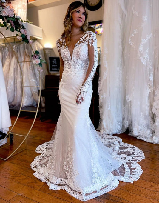Mermaid V-Neck Long Sleeves Wedding Dresses with Appliques