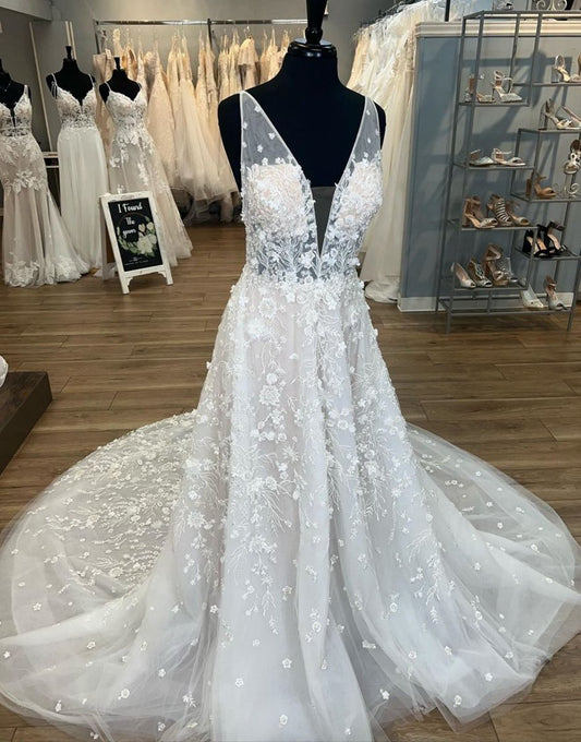 Gorgeous A-line V-Neck Open Back Chapel Train Wedding Dresses