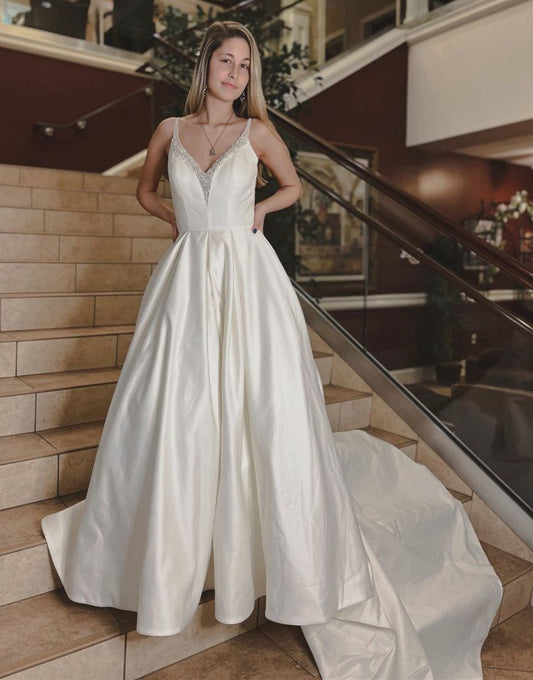 Noble A-line V-Neck Chapel Train Satin Wedding Dresses with Beading