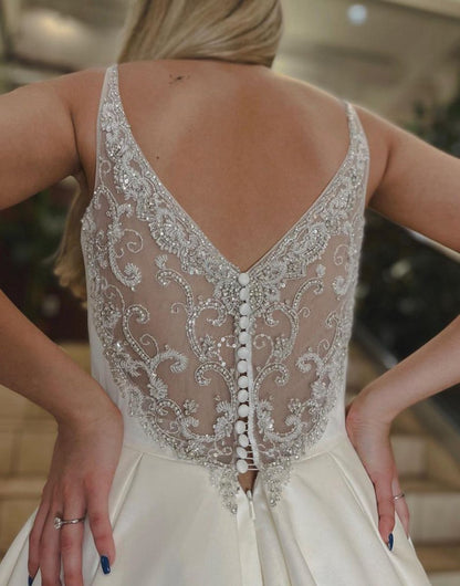 Noble A-line V-Neck Chapel Train Satin Wedding Dresses with Beading
