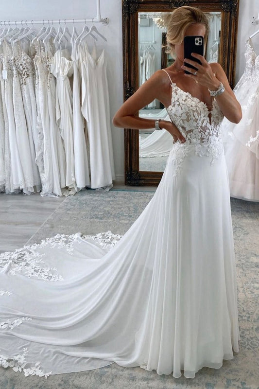 Long Chiffon Boho A-line Wedding Dresses with Lace
