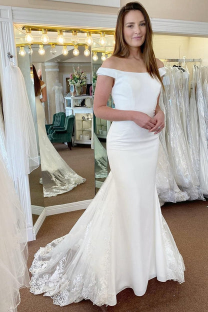 Off the Shoulder Long Mermaid Wedding Dresses with Lace Appliques