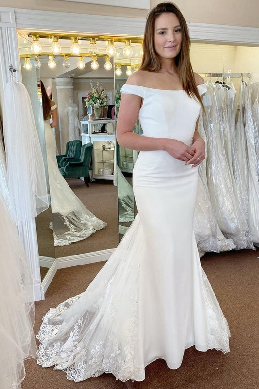 Off the Shoulder Long Mermaid Wedding Dresses with Lace Appliques