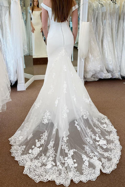 Off the Shoulder Long Mermaid Wedding Dresses with Lace Appliques