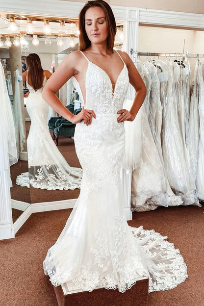 Lace Mermaid Backless Long Wedding Dresses