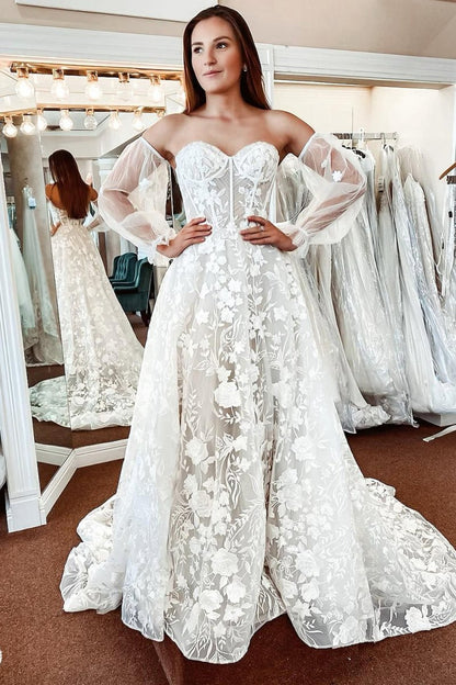 Lace A-line Detachable Long Sleeves Corset Long Wedding Dresses