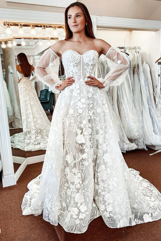 Lace A-line Detachable Long Sleeves Corset Long Wedding Dresses