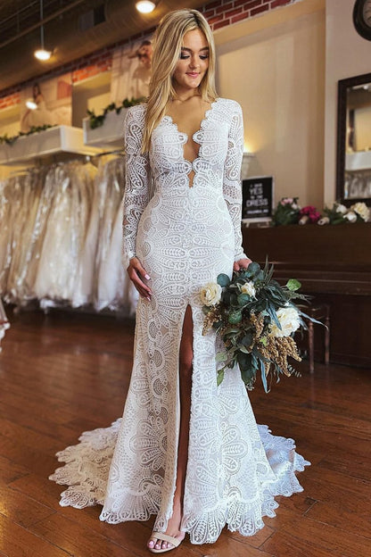 Mermaid Boho Long Lace Wedding Dresses with Sleeves