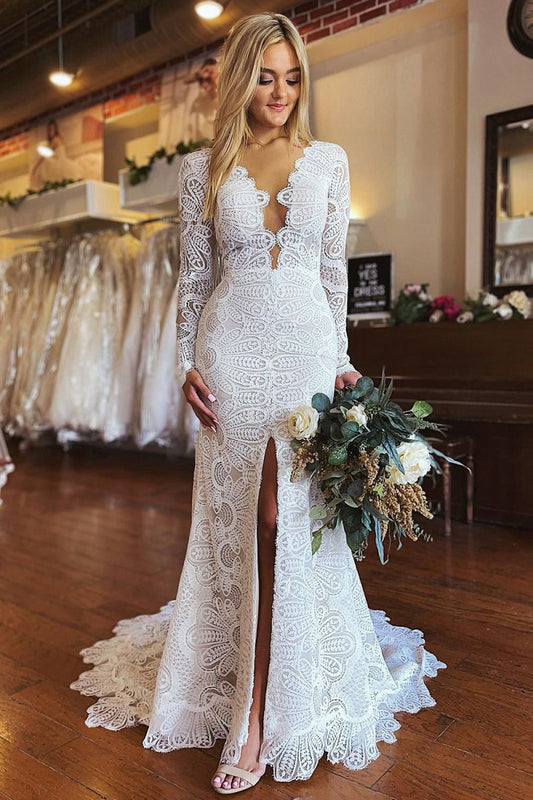 Mermaid Boho Long Lace Wedding Dresses with Sleeves