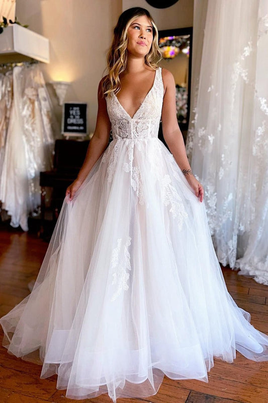 A-line Deep V-Neck Backless Long Wedding Dresses with Lace