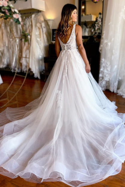 A-line Deep V-Neck Backless Long Wedding Dresses with Lace