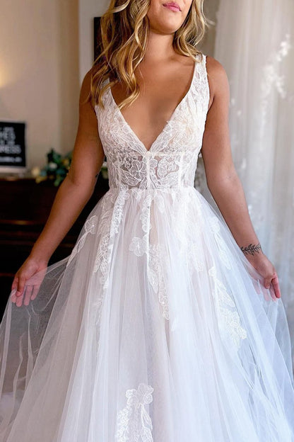 A-line Deep V-Neck Backless Long Wedding Dresses with Lace