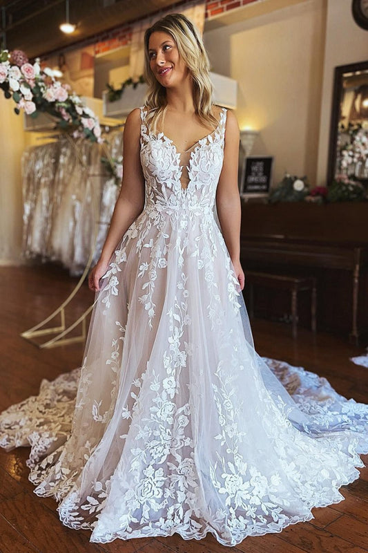 A-line V-Neck Backless Long Lace Wedding Dresses