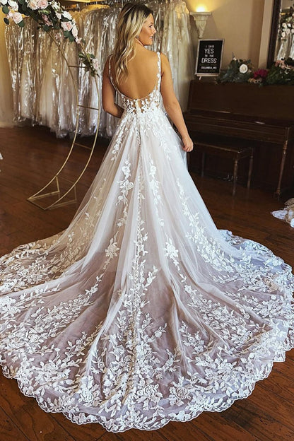 A-line V-Neck Backless Long Lace Wedding Dresses