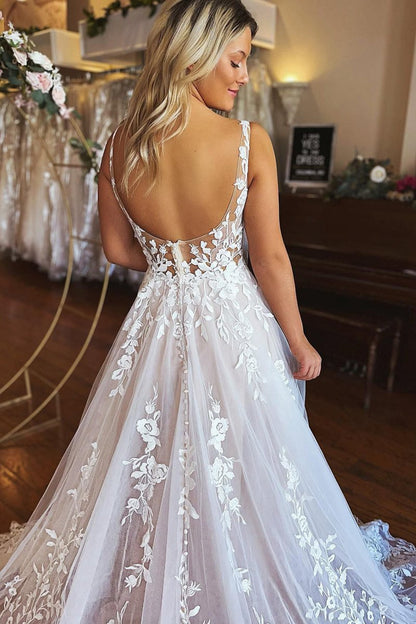 A-line V-Neck Backless Long Lace Wedding Dresses
