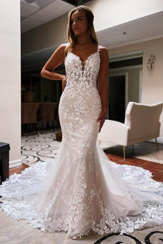 Backless Sleeveless Lace Mermaid Long Wedding Dresses