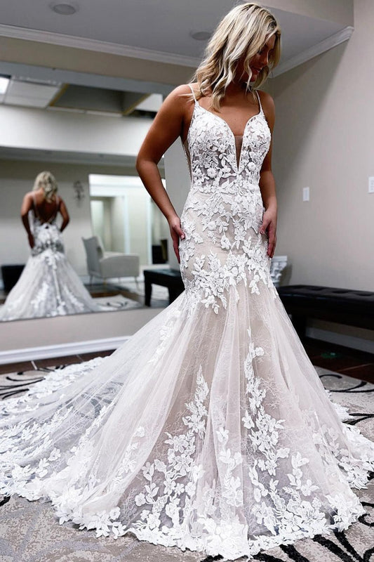 Lace Mermaid Backless Long Wedding Dresses