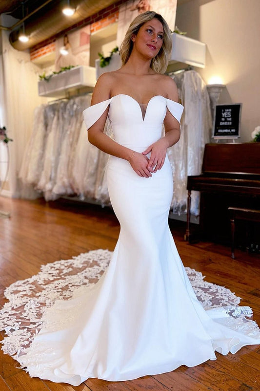 Boho Mermaid Off the Shoulder Long Wedding Dresses with Lace