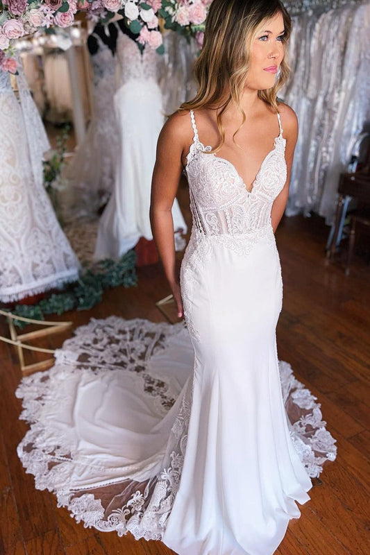 Boho Mermaid Spaghetti Straps Long Wedding Dresses with Lace