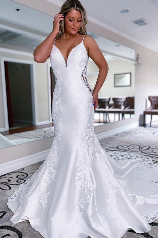 Mermaid Long Satin Wedding Dresses with Appliqued
