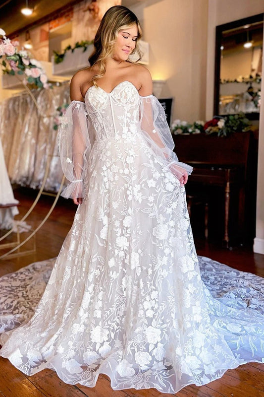 A-line Sweetheart Corset Detachable Long Sleeves Long Lace Wedding Dresses
