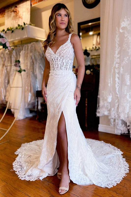 V-Neck Sheath Long Lace Wedding Dresses with Slit
