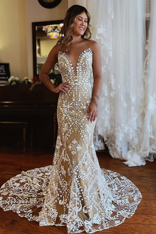 Illusion Boat Neck Mermaid Long Lace Wedding Dresses