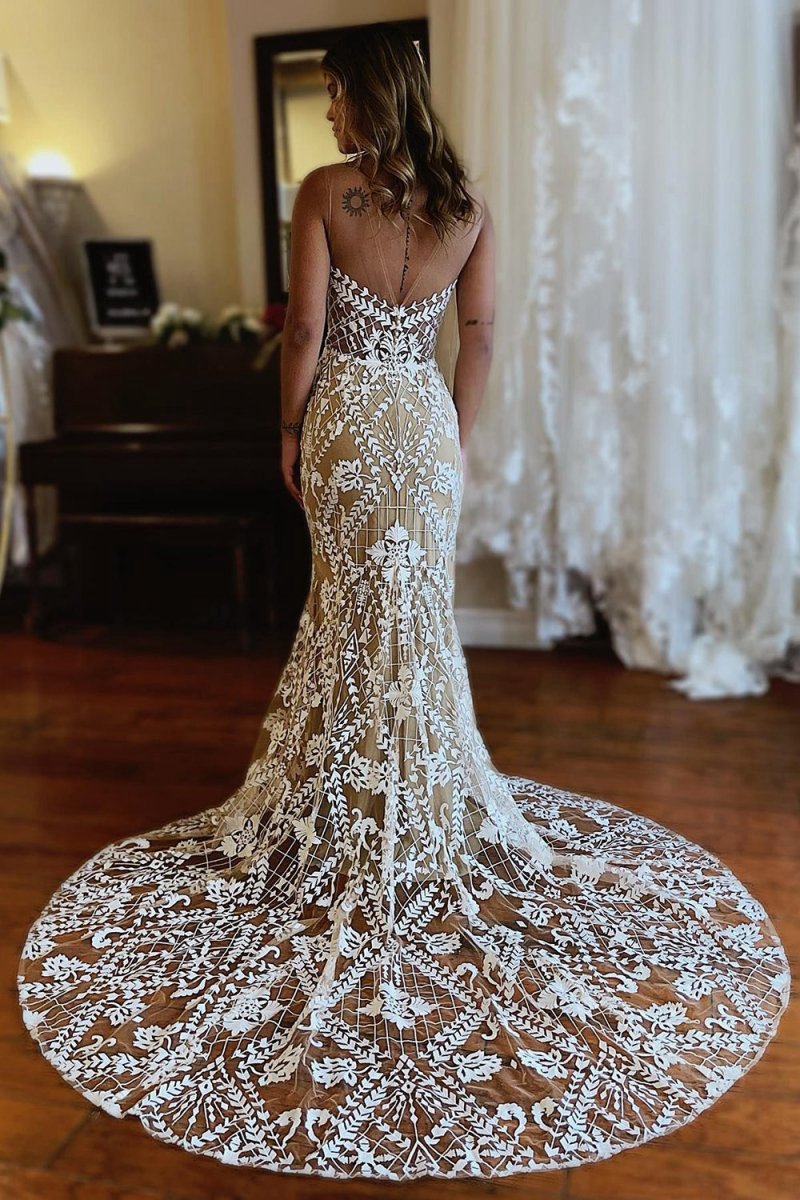 Illusion Boat Neck Mermaid Long Lace Wedding Dresses