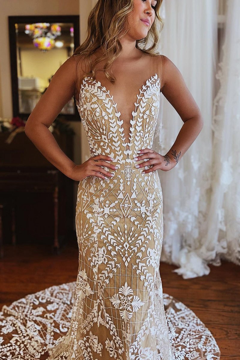 Illusion Boat Neck Mermaid Long Lace Wedding Dresses