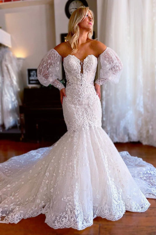 Sparkly Mermaid Detachable Long Sleeves Lace Wedding Dresses