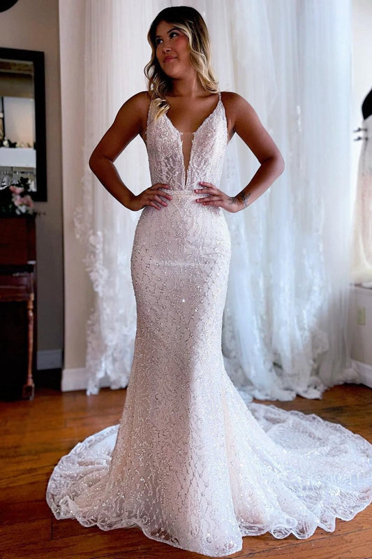Sparkly Mermaid Lace Backless Sweep Train Long Wedding Dresses
