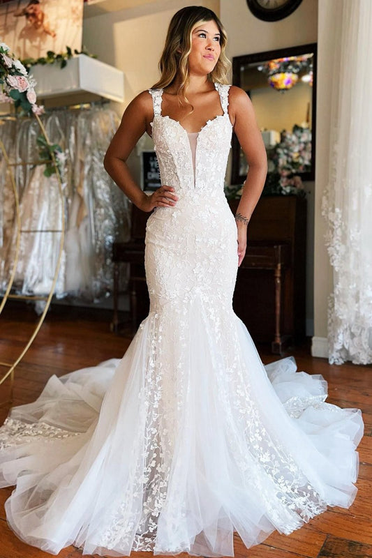 Mermaid Lace Sweep Train Long Wedding Dresses with Appliques