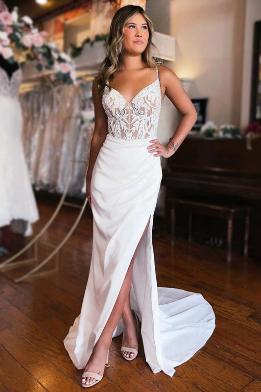 Sheath Lace-Up Back Wedding Dresses with Slit