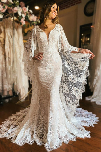 Long Sleeve Cape Lace Mermaid Wedding Dresses with Appliques