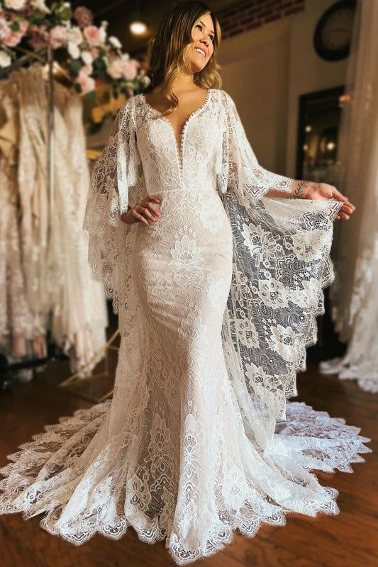 Long Sleeve Cape Lace Mermaid Wedding Dresses with Appliques