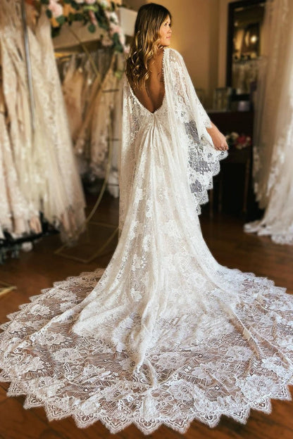 Long Sleeve Cape Lace Mermaid Wedding Dresses with Appliques