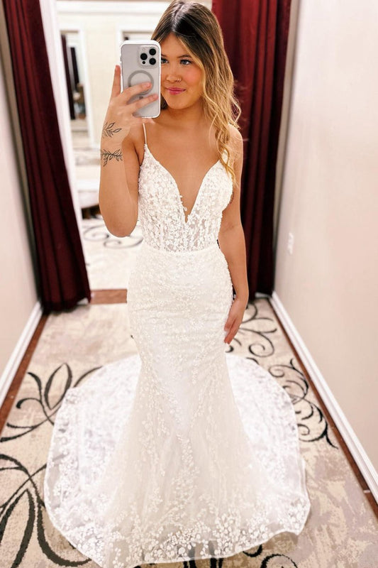 Spaghetti Straps Lace Mermaid Wedding Dresses with Train