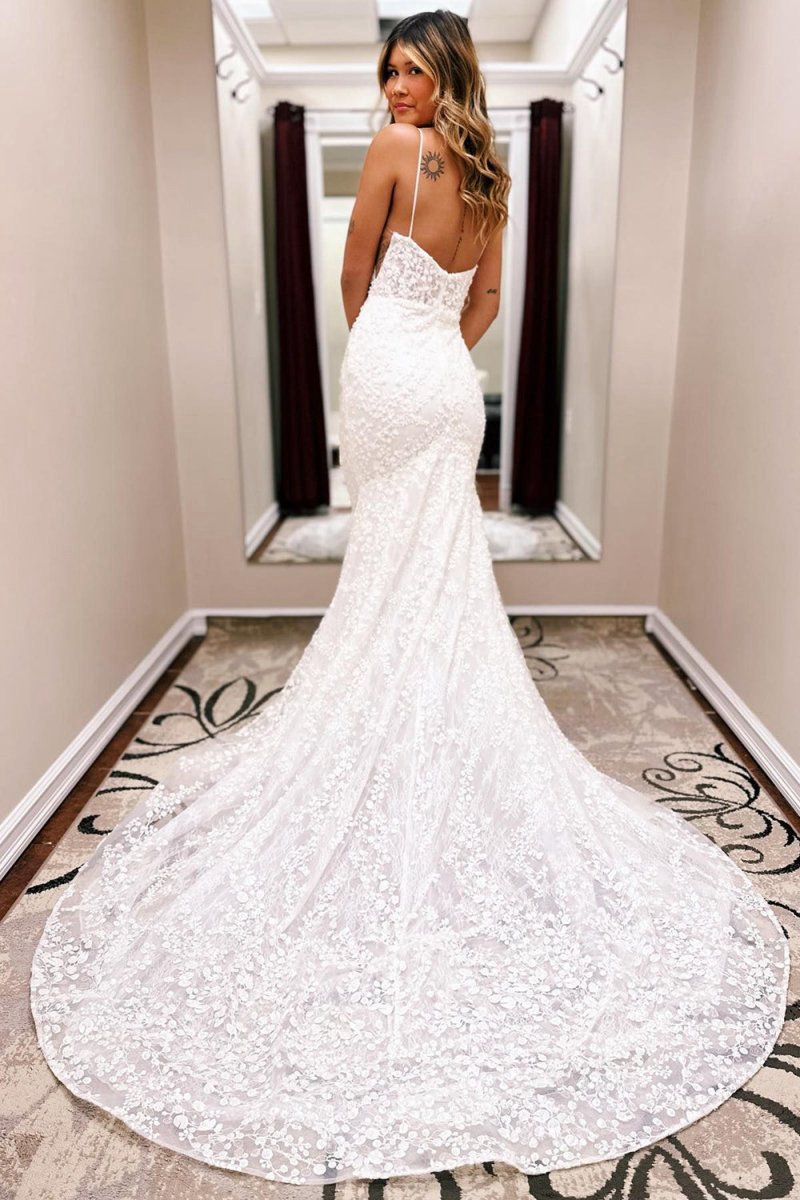 Spaghetti Straps Lace Mermaid Wedding Dresses with Train