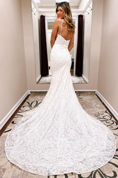 Spaghetti Straps Lace Mermaid Wedding Dresses with Train