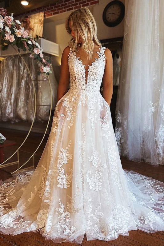 V-Neck A-line Tulle Wedding Dresses with Pockets