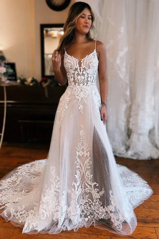 Detachable Sleeve High Slit A-line Wedding Dresses with Appliques