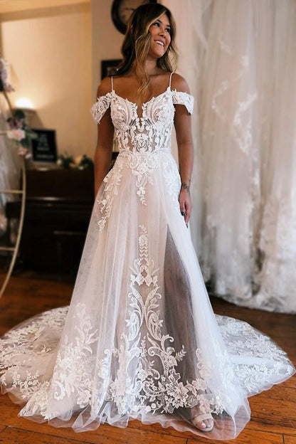 Detachable Sleeve High Slit A-line Wedding Dresses with Appliques