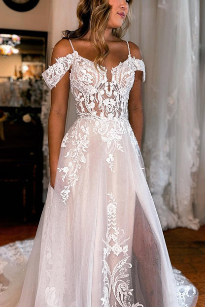 Detachable Sleeve High Slit A-line Wedding Dresses with Appliques