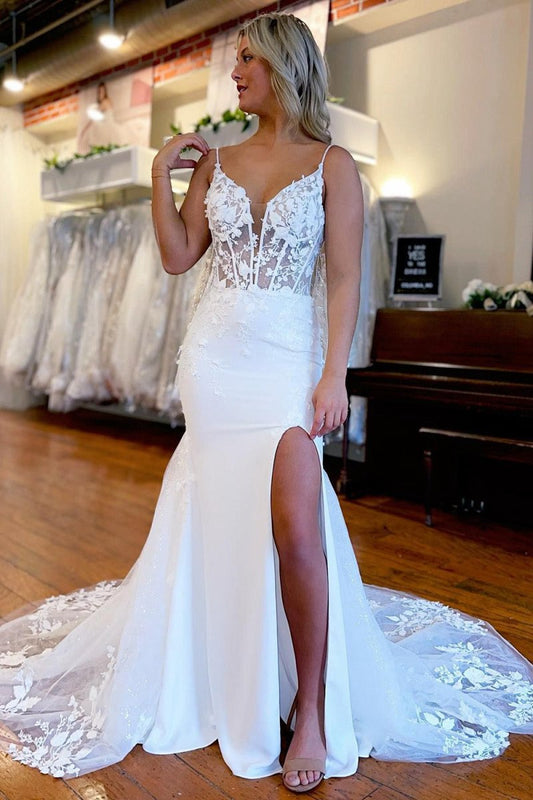 Spaghetti Straps High Slit Mermaid Wedding Dresses with Appliques