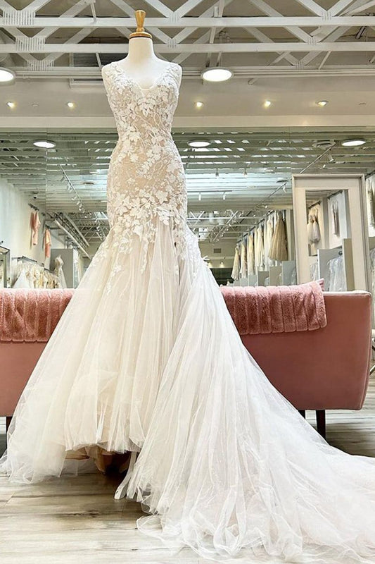 V-Neck Asymmetrical Mermaid Wedding Dresses with Appliques